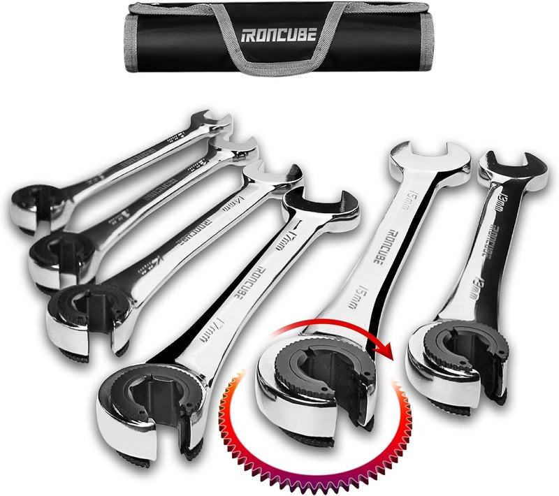 ironcube Brake Line Wrench Set: Metric 10-17mm - Ratcheting Open-end for Nuts on Fuel, Brake or Air Conditioning Lines - Image 1